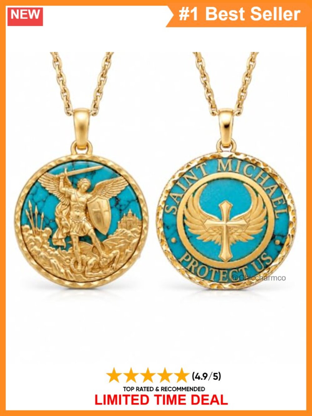 14K Gold Plated Natural Turquoise Carved Coin Pendant Necklace 28mm